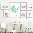 Детская животная Русалка и морские животные, Картина на холсте черепаха деко для декорирования комнаты маленькой девочки