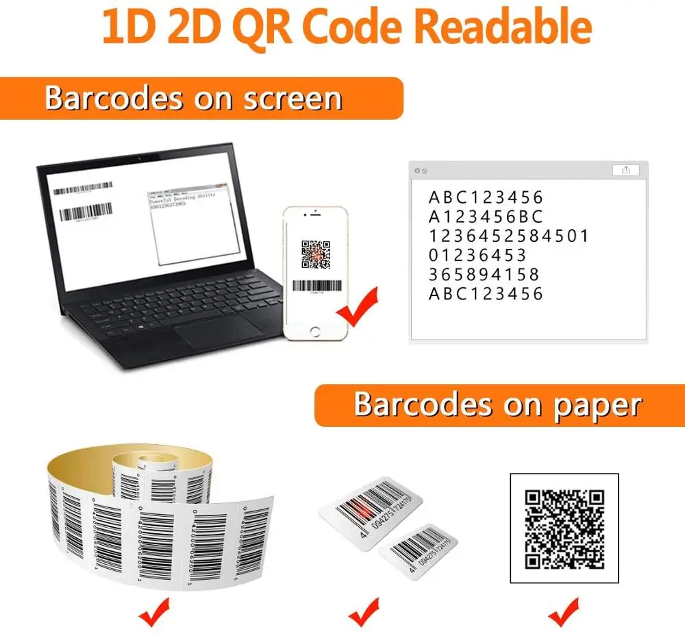 Ручной беспроводной сканер штрих кода K2 и проводной считыватель K1 1D/2D QR PDF417 для