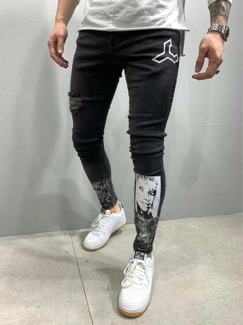 Destroyed Ripped Skinny Jeans Men 2020 Brand New Mens Print Denim Pants Trousers Casual Slim Fit Stretch Elastic Pencil | Мужская одежда