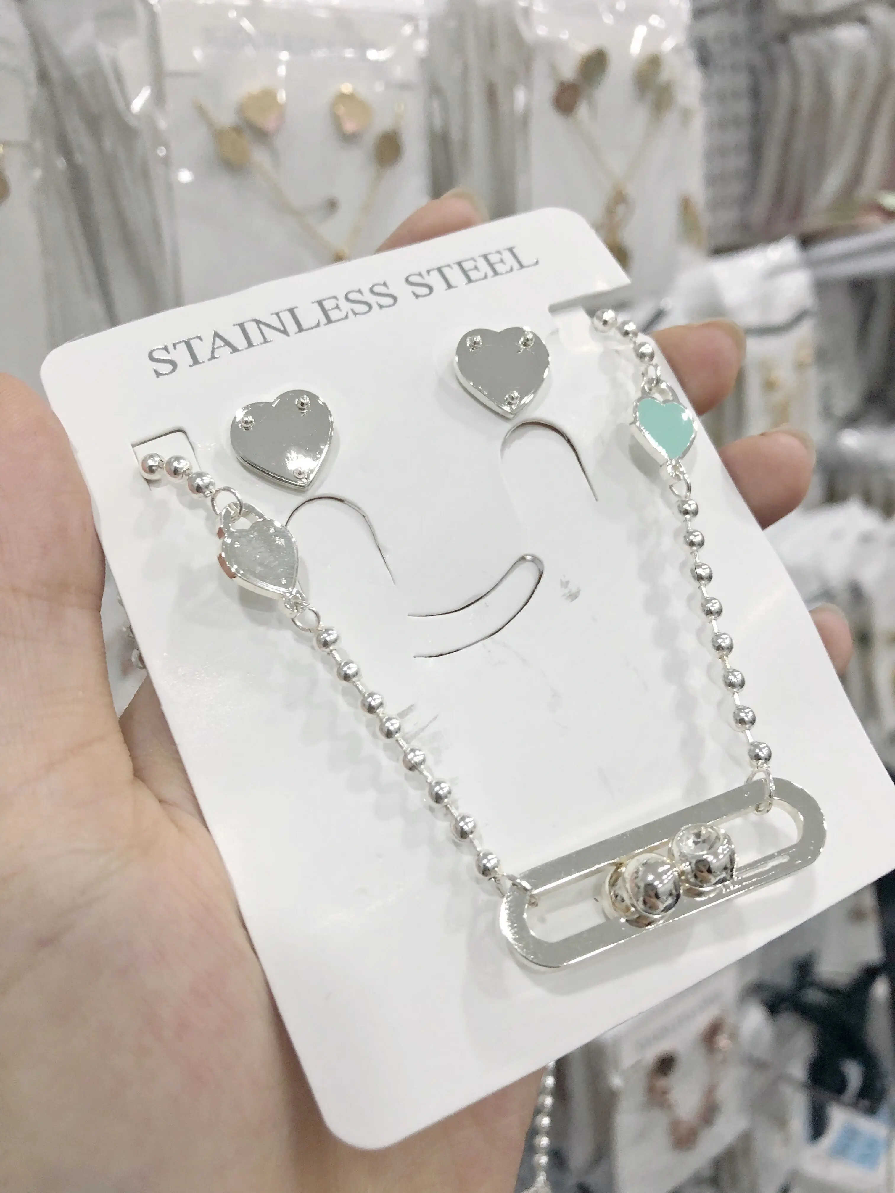 

1: 1 Stainless Steel classic fashion silver heart card 8mm round beads ladies bracelet Necklace jewelry holiday gift Wholesale