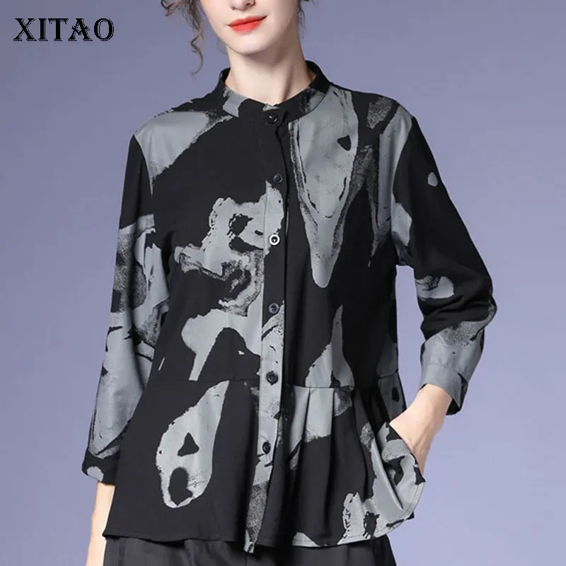 

XITAO Лоскутная Женская рубашка на пуговицах с принтом, 2021 Осенняя Повседневная модная Новая темпераментная универсальная женская одежда, ...
