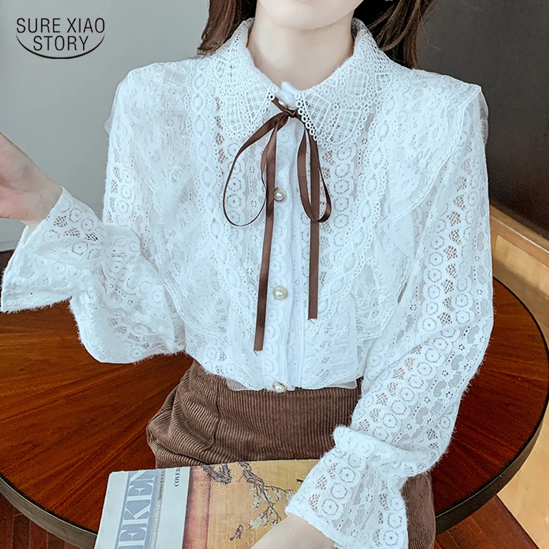 

Elegant Stand-up Collar Long-sleeve White Blouse Autumn Lace Ruffled Stitching Bow Shirt Crochet Lacework Button Slim Tops 17030