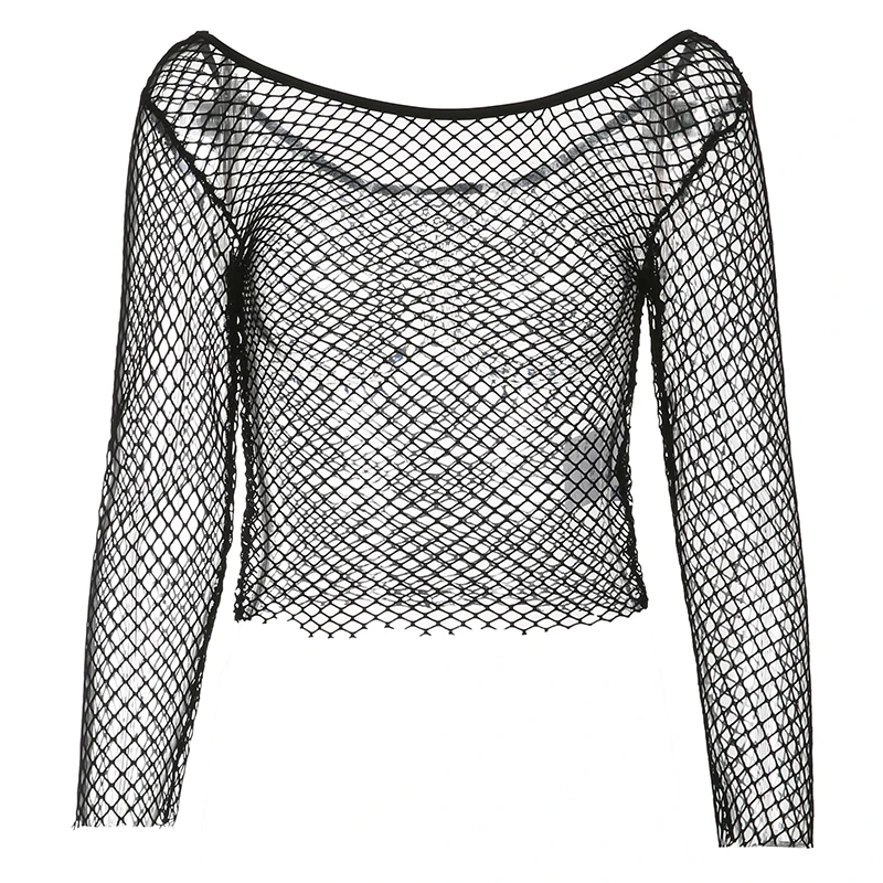 Rockmore Women Fishnet Mesh See-through Black T-Shirt Female Sexy Party Club Hollow Out Long Sleeve Tee Crop Tops Streetwear images - 6