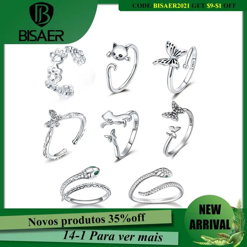 

BISAER Rings Vintage Butterfly 925 Sterling Silver Adjustable Snake Open Size Female Finger Rings for Women Fine Silver Jewelry