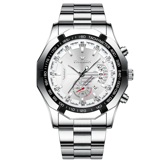 FNGEEN Luxury Men's Watches Stainless Steel Band Fashion Waterproof Quartz Watch For Man Calendar Male Clock Reloj Hombre S001 3