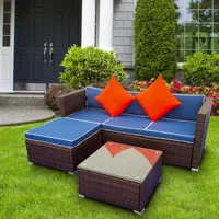 3Pcs Outdoor Patio Furniture Sofa Set Sectional Wicker Rattan Include 1 3-Seater Sofa+1 Ottoman+1 Tea Table Cream/Blue[US-Depot]
