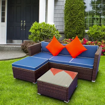 3Pcs Outdoor Patio Furniture Sofa Set Sectional Wicker Rattan Include 1 3-Seater Sofa+1 Ottoman+1 Tea Table Cream/Blue[US-Depot]