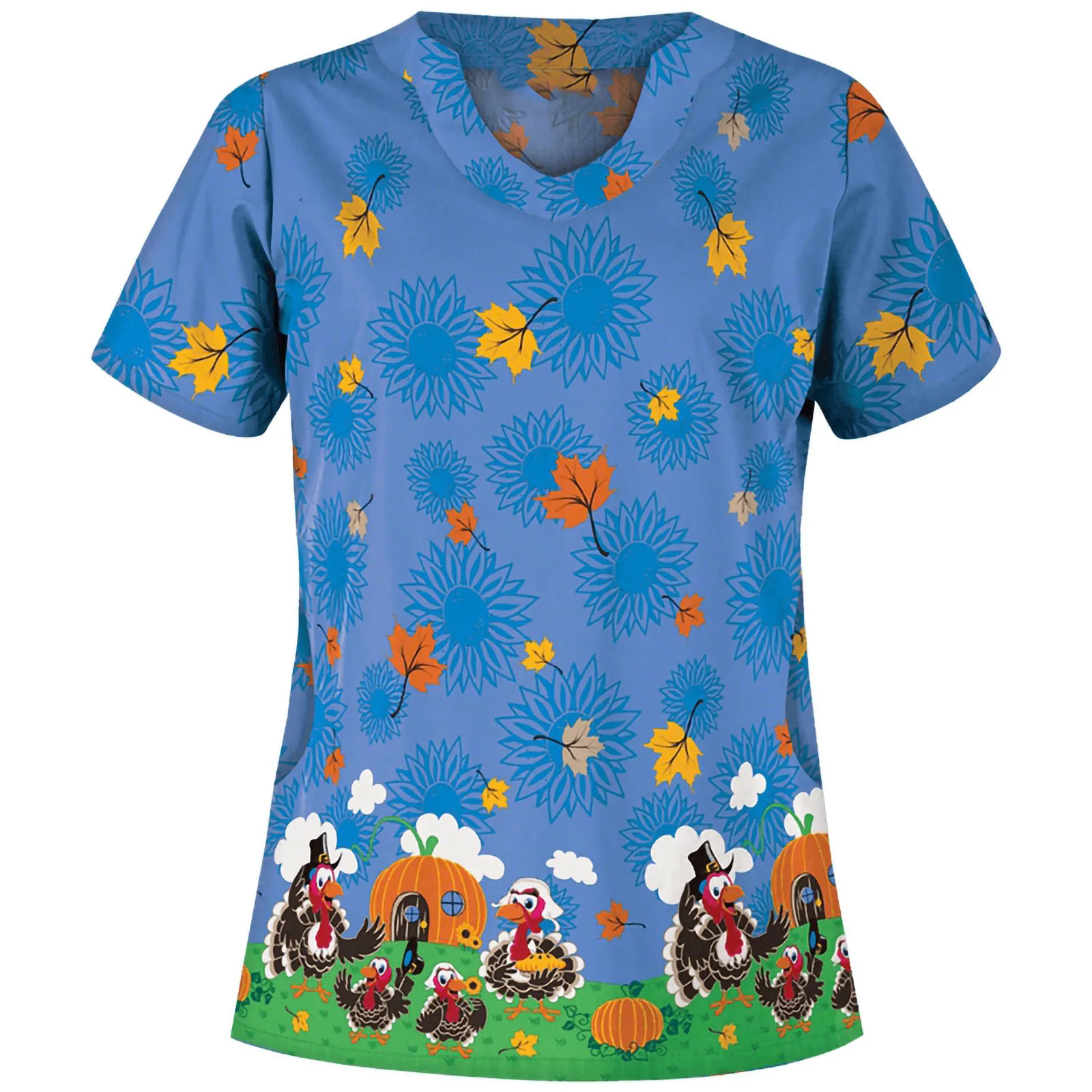 Women's loose casual top womens fashion clothing Women Short Sleeve V-neck Tops Working Uniform Cartoon Print Blouse 여성 의류 |