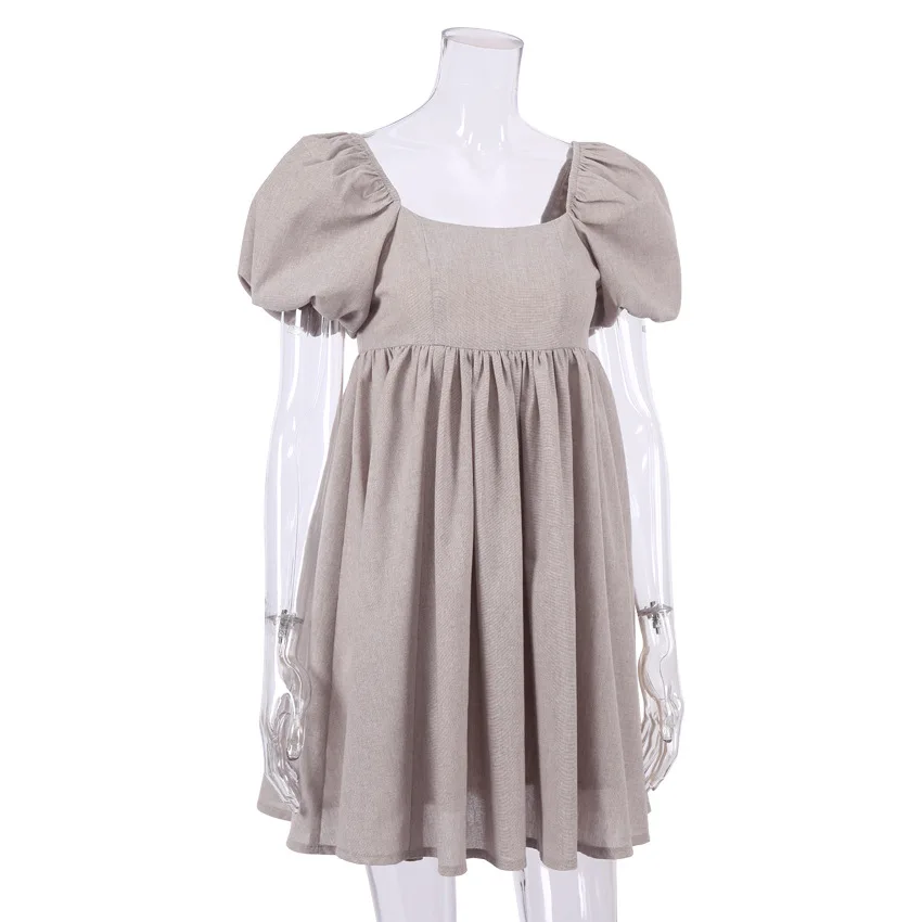 

Casual Vintage Dress Women Summer Puff Sleeve A Line Short Party Dresses High Waist Square Collar Linen Lady Mini Dress Vestido