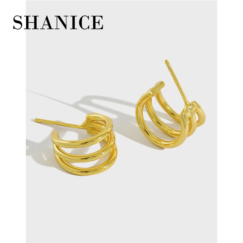 SHANICE Gold Color Authentic 925 Sterling Silver Stud Earrings INS Simple Multi-layer Line Circles Student Jewelry Lucky Gift | Украшения и
