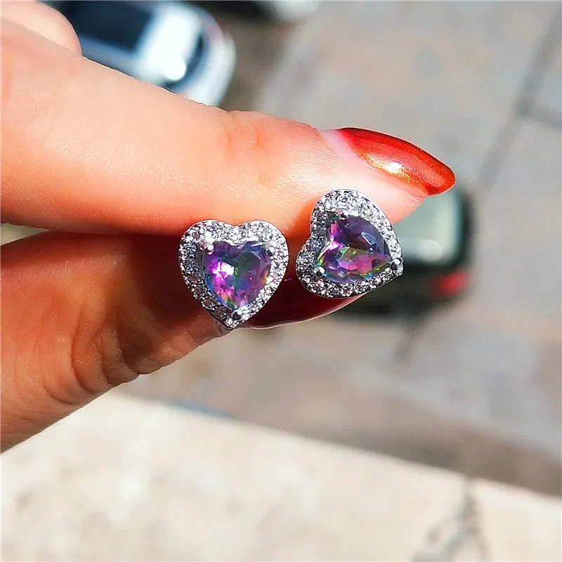 Rainbow Earrings JUNXIN милые серьги-гвоздики в форме сердца для девочек, для женщин, 925 пробы, заполненные серебром, блестящий белый циркон, австрийский кристалл, свадебные серьги-гвоздики - Окраска металла: Rainbow Earrings