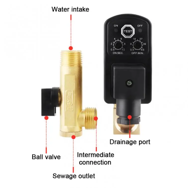 

AC 220V 1/2" Brass Electronic Drain Valve Split-type Valve with Timer OPT and Two-way Two-position for Air Compressor/ Cooler