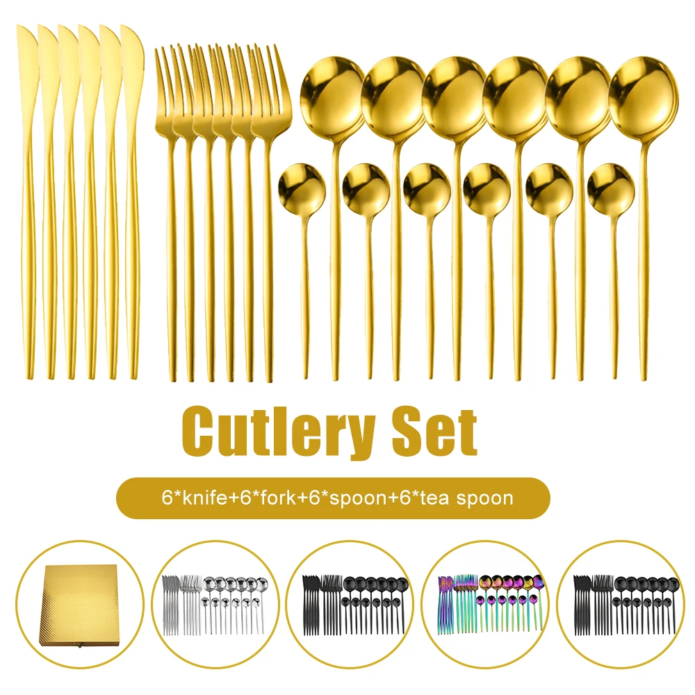 

24Pcs Gold Dinnerware Set Mirror Stainless Steel Tableware Set Knife Fork Coffee Spoon Flatware Set Dishwasher Safe Cutlery Set