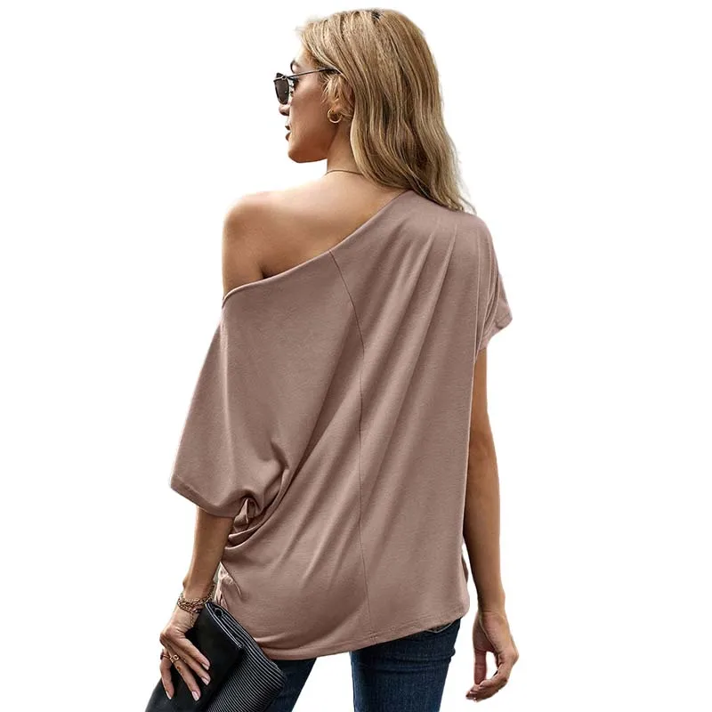 

2021 Summer T Shirt Women Clothes Solid Color Short Sleeve Skew Collar Twisted Tops Casual Loose Plus Size Street Tee Shirt