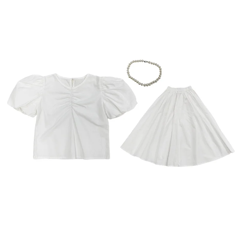 

Girls French suit 2021 summer new girl sweet shirt tea break skirt two-piece free necklace