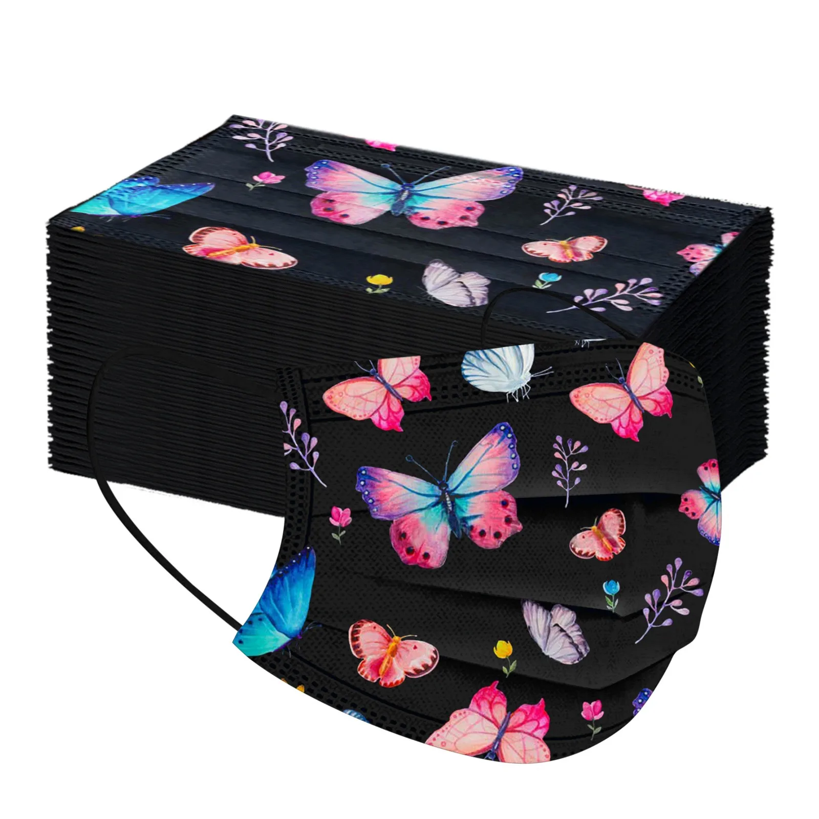 

50pcs Disposable Mask Non-woven 3-layer Filter Mask Butterfly Print Women Man Mouth Face Mask Adult Breathable Black Facemask
