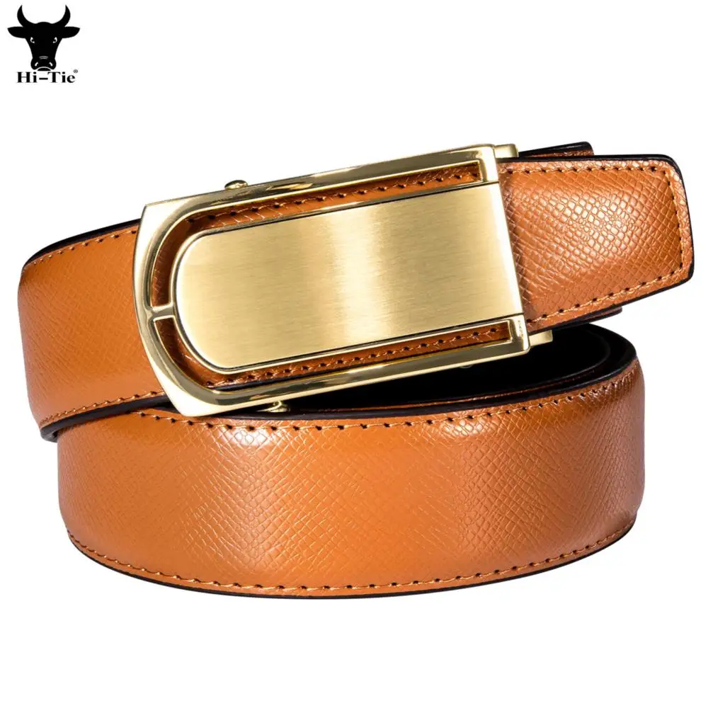 Hi-Tie Luxury Orange Genuine Leather Mens Belts Gold Automatic Buckles Ratchet Waist Belt for Men Dress Jeans Suit Wedding Party