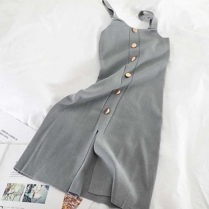 Gaganight Butt Elegant Short Knitted Bodycon Dress Women Spaghetti Strap Summer Dresses Slim Solid Chic Vestidos Korean Split | Женская