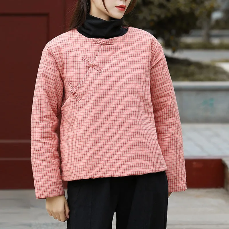 Женская теплая клетчатая парка Johnature розовая хлопково-Льняная в стиле ретро с