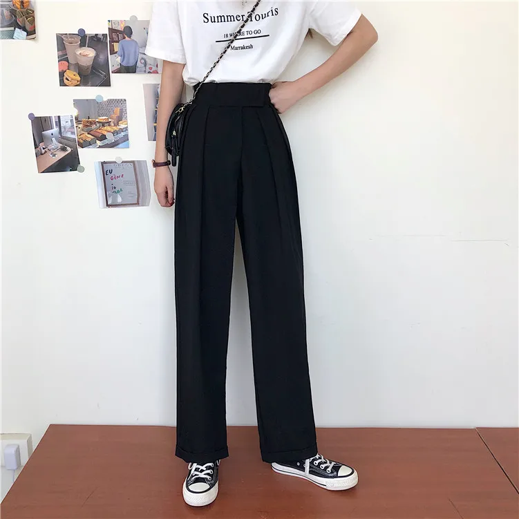 

HED Black High Waist Chic Loose Solid Straight 2020 Casual All Match OL Streetwear Formal Women Wide Leg Pants