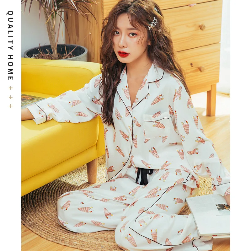 New Satin Pajamas Set Silk For Women Cartoon Sleepwear Pink Night Suit Cute Ice Cream Casual Homewear | Женская одежда