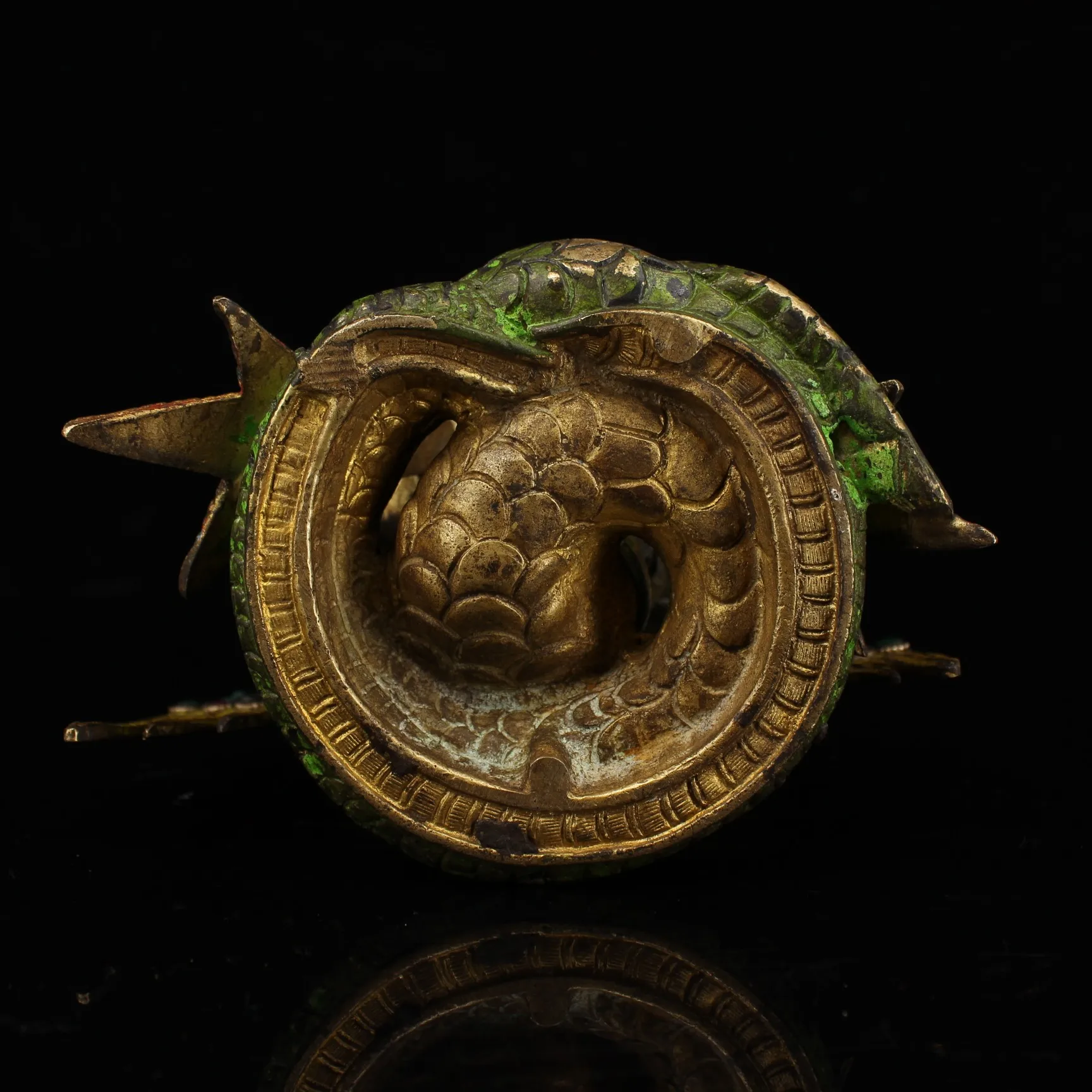 

10"Tibet Buddhism Old Bronze Gem Painted outline in gold Nagarjuna Buddha statue 5 snake head Bodhisattva head and snake body