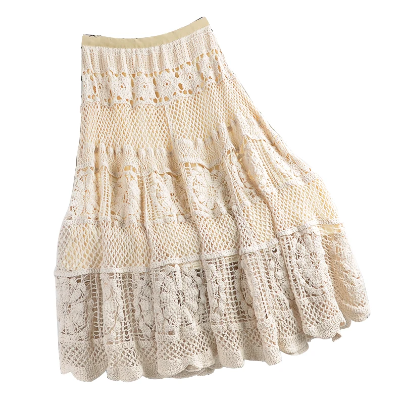 

Spring Summer 2021 New Elastic Waist Slim Mid-Length Solid Color Wild Crochet Hollow Skirt Female