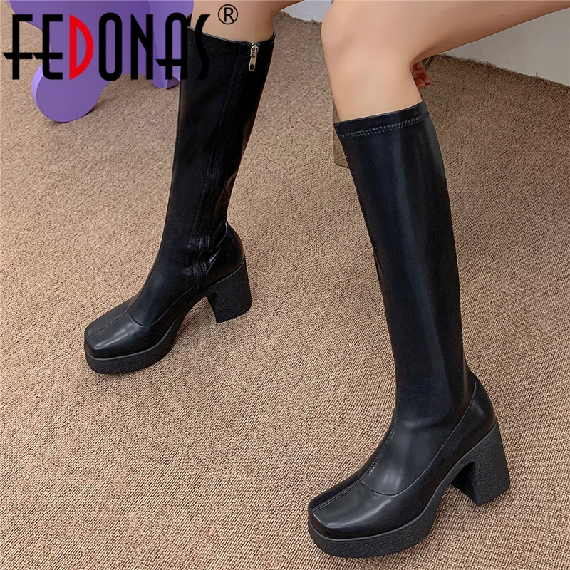 

FEDONAS/женские сапоги до колена на платформе с квадратным носком, на толстом каблуке; Модная выразительная Повседневная Женская растягивающа...
