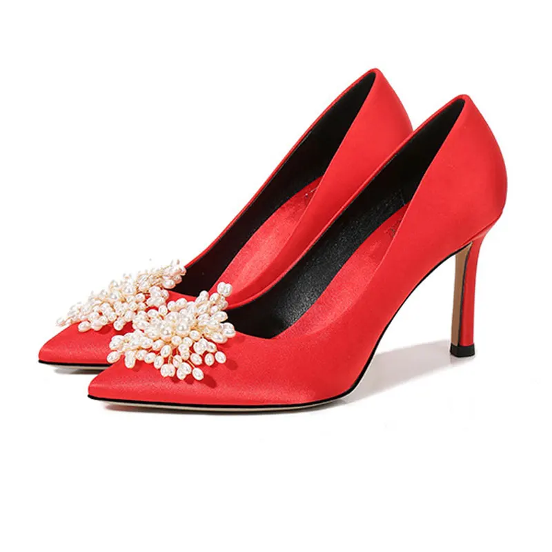 NIKALI/Новинка пикантные роскошные шелковые всесезонные тонкие туфли с жемчугом