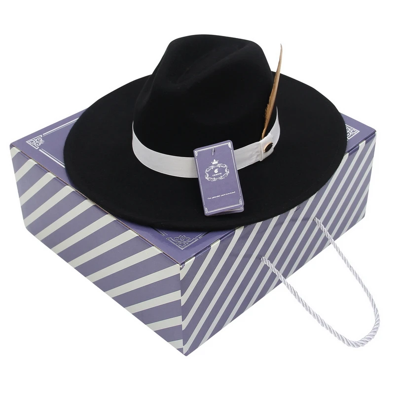 

GEMVIE New Stiff Wide Brim 100% Wool Fedora Felt Hat For Women Man Striped Feather Band Autumn Winter Panama Jazz Cap