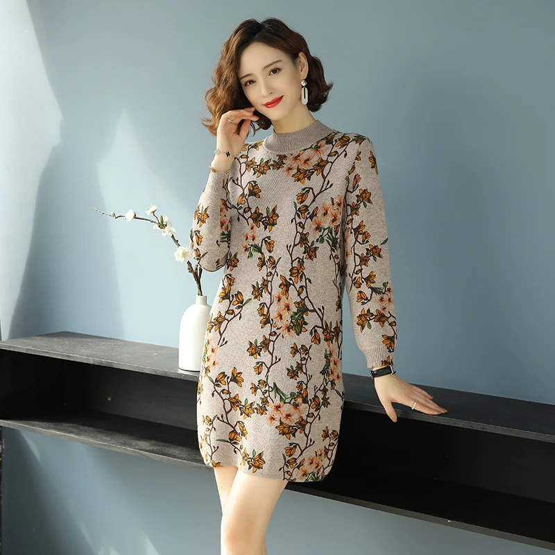 

Женское теплое платье-свитер, зимнее плотное бархатное вязаное платье с цветочным принтом, пуловер, теплый свитер