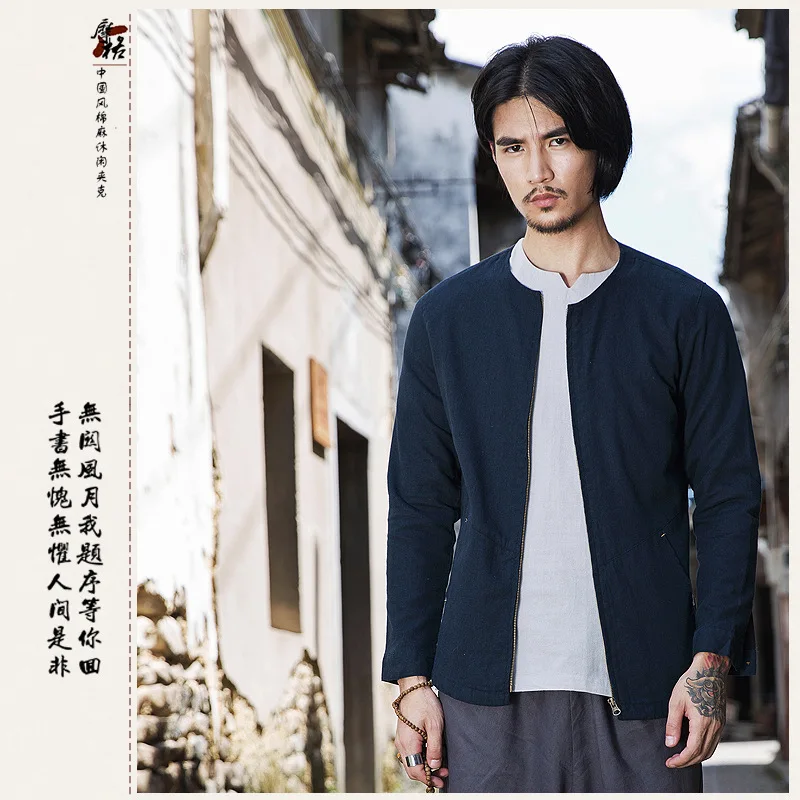 

Men's o-neck linen cotton with Kangaroo pocket white dark blue summer casual Chinese style thin jacket for men