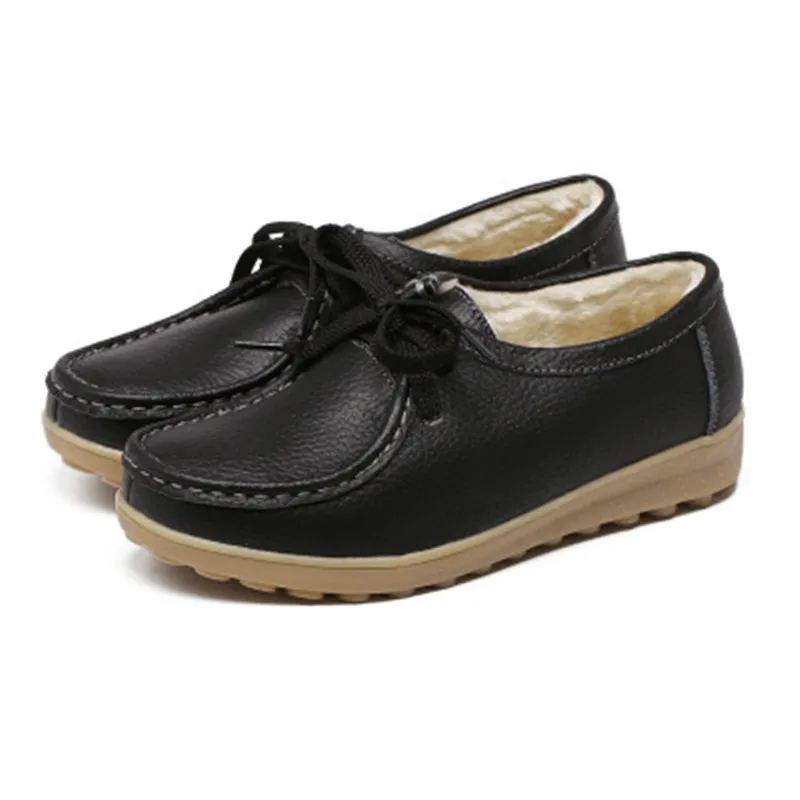 Winter Genuine Leather Thick Plush Warm Women Shoes Lace-Up Platform Moccasin Comfortable White Soft sole Non-slip Nurse | Обувь