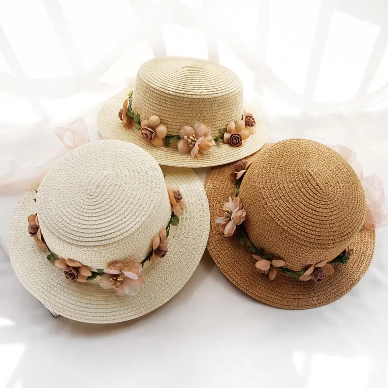 

Parent-child Summer Sun Hat Bucket Hats for Women Beige Lace Bowknot Flowers Ribbon Flat Top Straw Hat Beach Cap Chapeau Femme