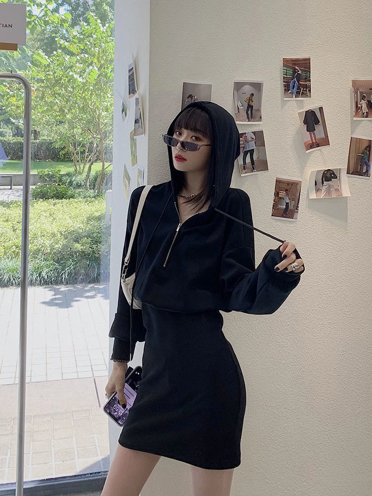 

Hoodies Women Skirts Sets One Piece Outfit Korean Fashion Autumn Pullover Black Long Sleeved Clothes Bluza Jupe Femme Roupas