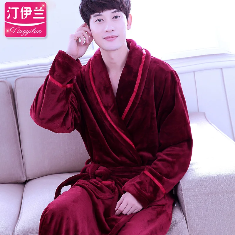 H5979 мужской халат толстый фланелевый теплый осень зима длинный рукав пижама