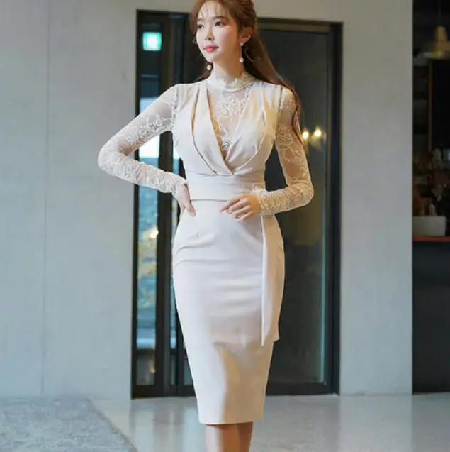 2019 весенние женские Белый Офис миди облегаемая пикантная для вечеринок платье