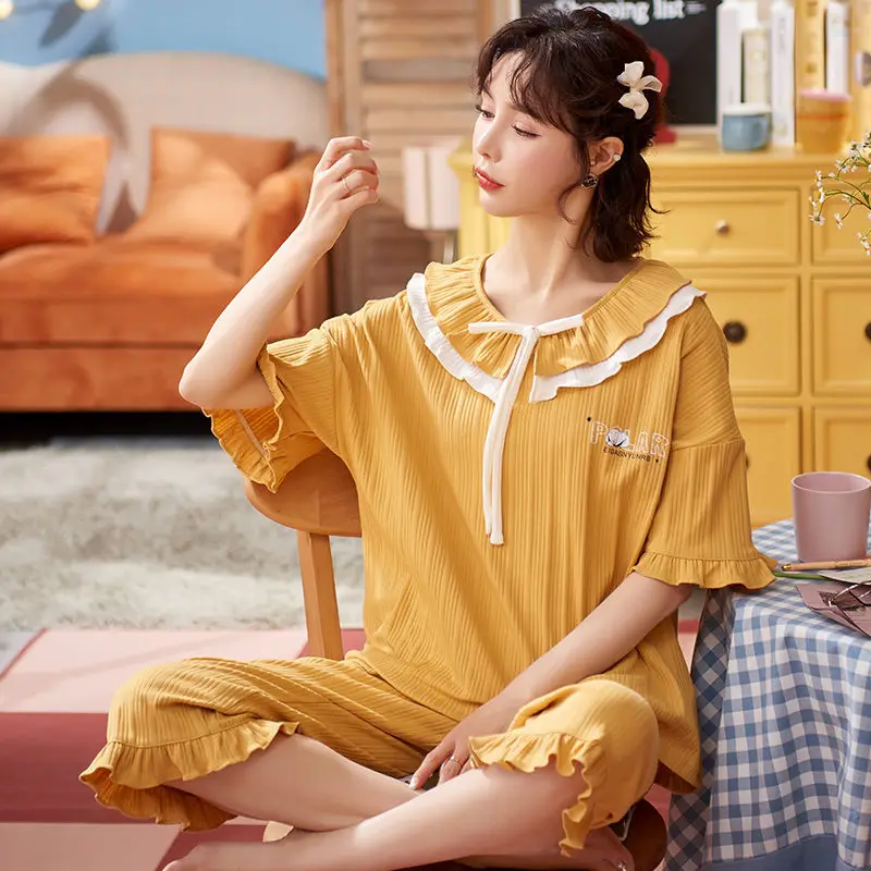 

2021 Spring Summer Women's Cotton Short-Sleeved Cropped Pants Thin Women's Pajama Suit Plus Size Homewear Two-Piece Set Pajamas