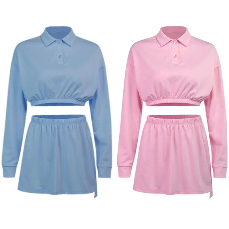 

Женский осенний комплект одежды из 2 предметов, повседневный укороченный топ с длинными рукавами и отложным воротником, мини-юбка с высокой ...