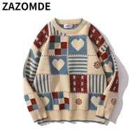 ZAZOMDE Mens Hip Hop Knitted Sweaters Heart Color Block Streetwear Jumper Men Harajuku Loose Casual Oversized Pullovers Unisex