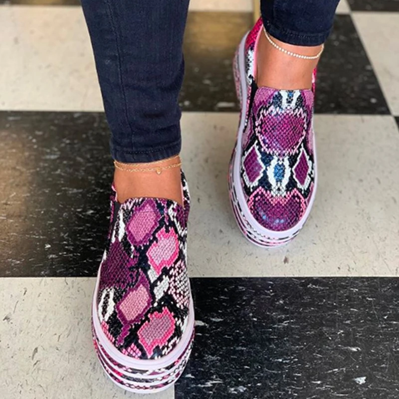 

Women Snake Printing PU Leather Vulcanized Shoes Lace Up Female Sneakers Fashion Platform Woman Shoes Walking Footwear dropship