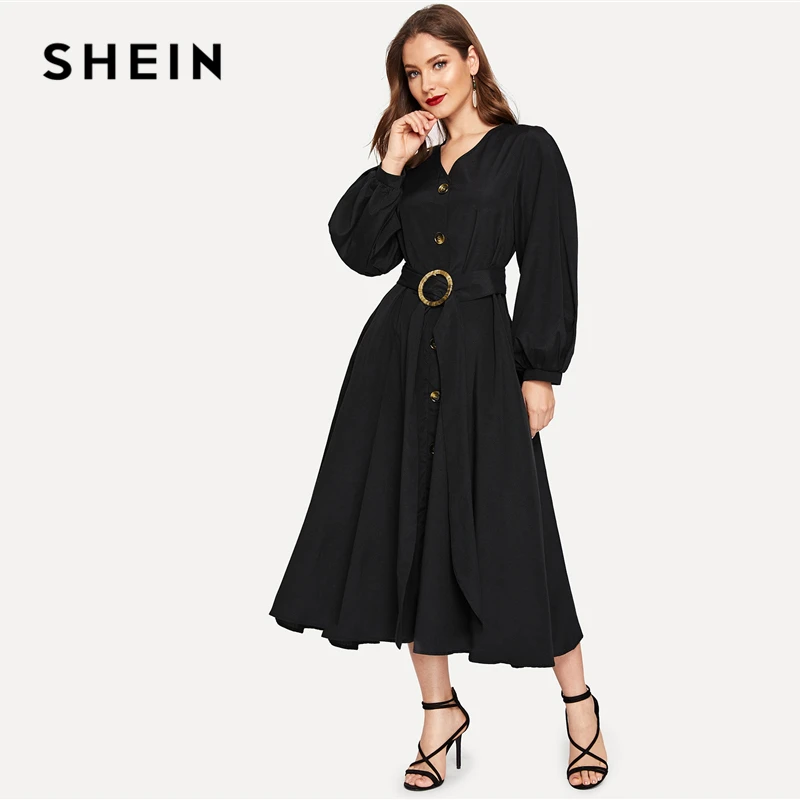 SHEIN Платье На Пуговицах С Поясом Элегантное Платье С V-Образным Вырезом Для Женщин