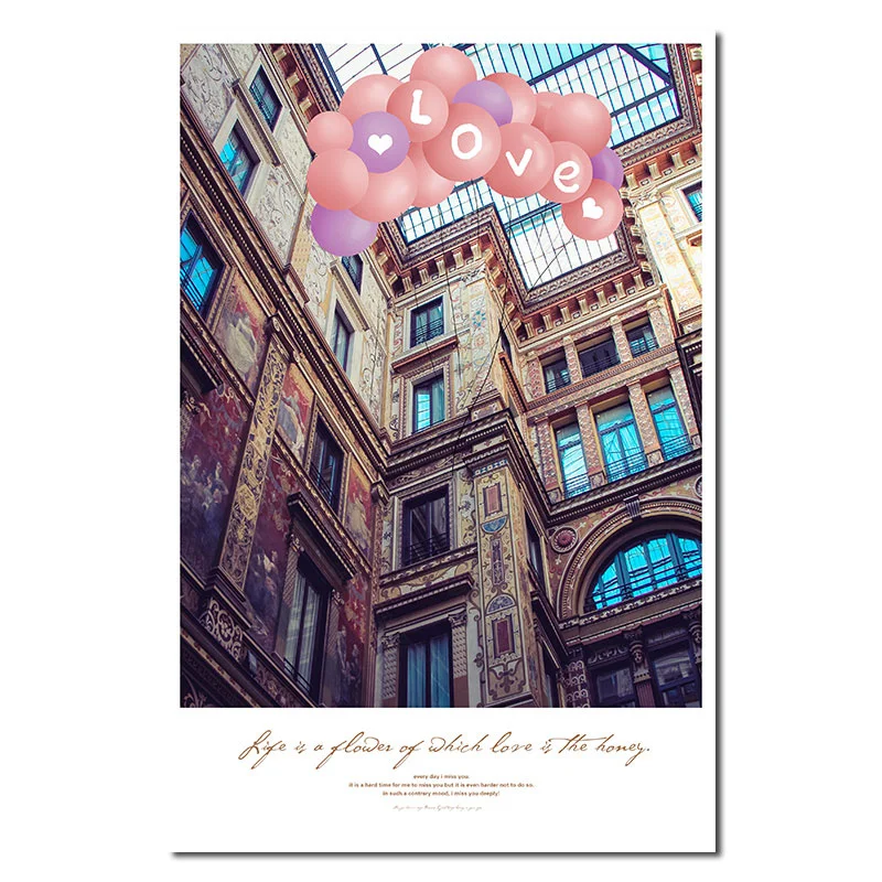 

European Style Canvas Material Romantic Castle with Sky Balloon Landscape Pattern Background Poster 2 Pc and Living Room Wall