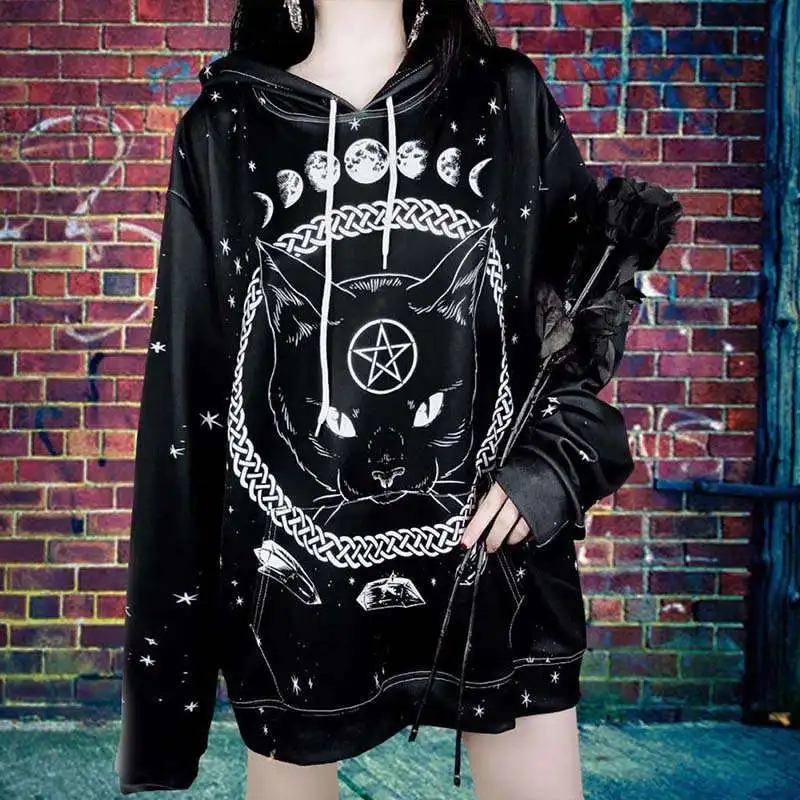 

Raisevern Harajuku Punk Hoodie Pentagram Print Black Sweatshirts Gothic Streetwear Pullovers Long Sleeve Hooded Outfits Dropship