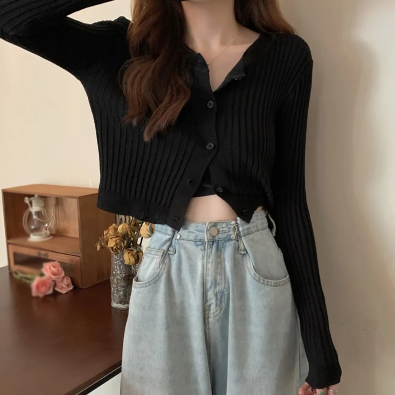 

Women'S Autumn And Spring New Knitted Long-Sleeved Shirt Sunscreen Thin Outer Wear Cardigan Round Neck Inner Jacket
