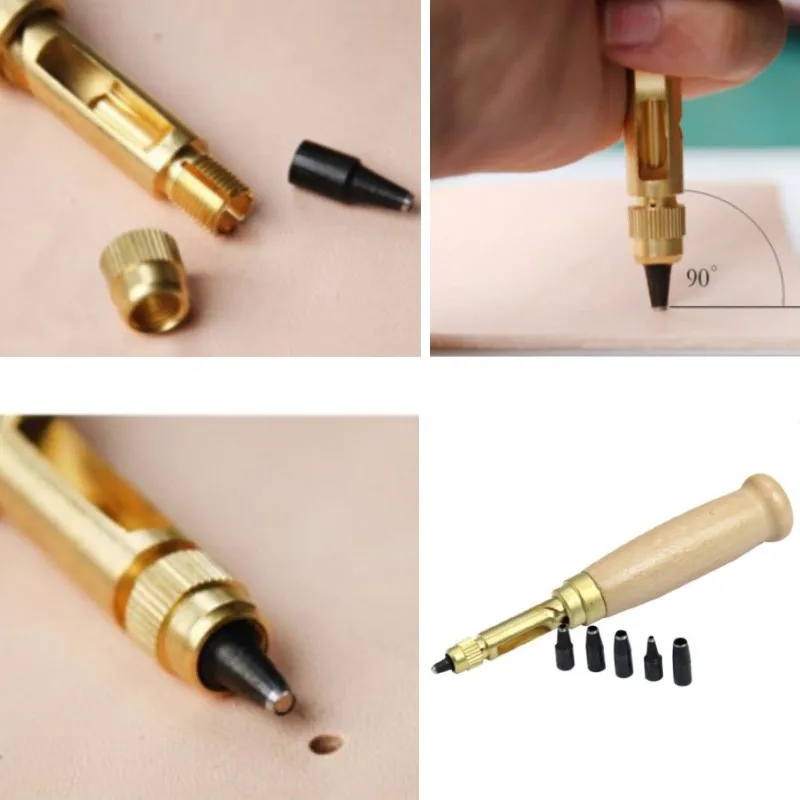 

6PCS/Set Automatic Belts Punch Replaceable Rotary Punchers Brass And Wood Leather Craft Tools 1