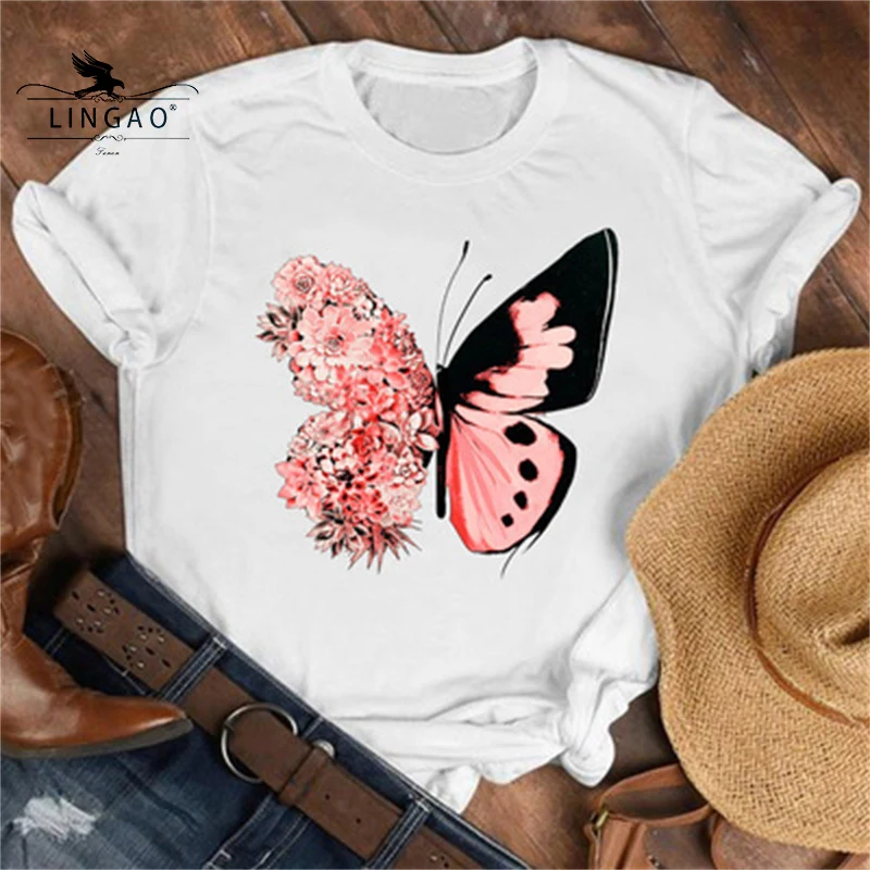 

New Women’s 2021 Ladies Cartoon Butterfly Floral Casual Summer Shirt Clothes Tshirt Tee Womens Top Female Print Graphic T-shirt