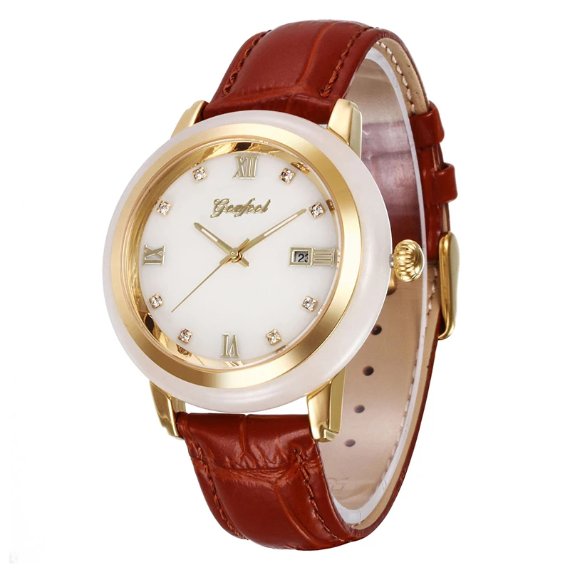 GEZFEEL женские нефритовые часы молочно-белые с ремешком, водонепроницаемые кварцевые часы с календарем, Заводская прямая подарочная упаковка