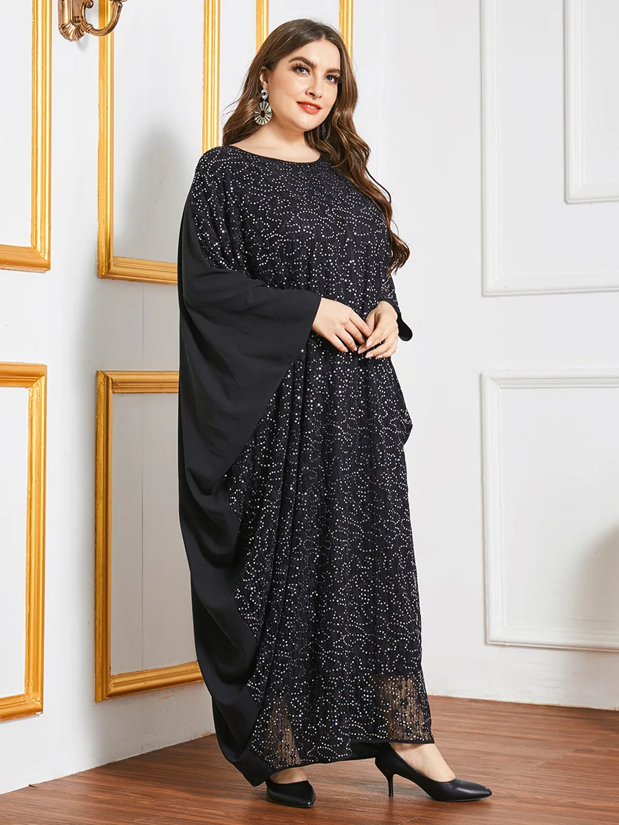 Ramadan Eid 2021 Women Muslim Sequins Abayas Maxi Dress Long Batwing Sleeves Patchwork Kaftan Gown Black Dubai Oversize Party