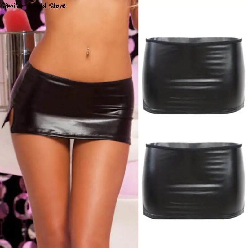 Черные сексуальные женские ПВХ Мокрый Вид искусственный латекс микро мини-юбка с